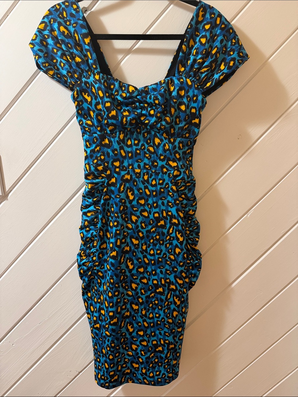 Blue and Yellow Leopard-Print Midi Dress with Puff Shoulders